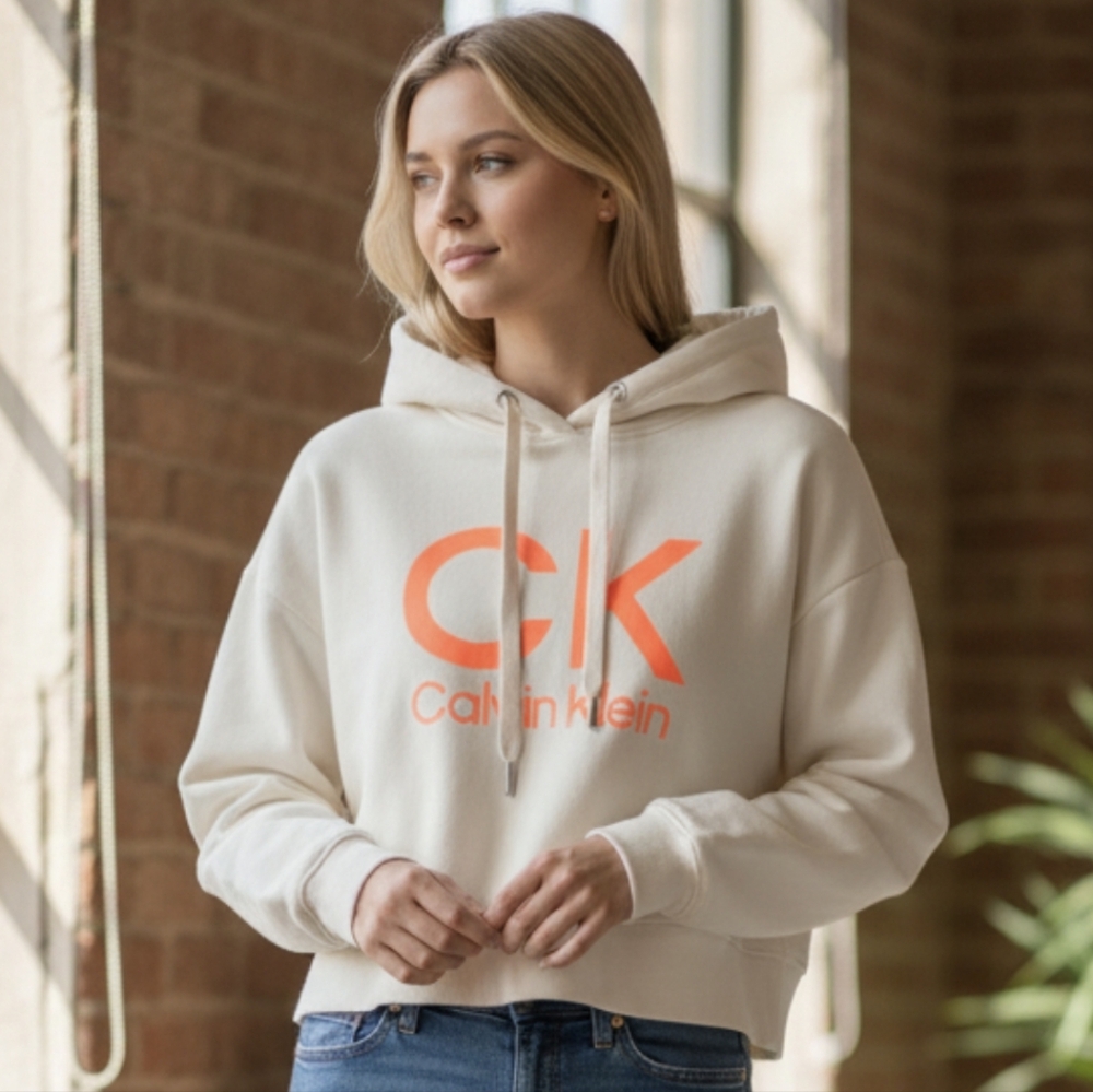 Calvin Klein Women's Cropped Beige Hoodie with Bright Orange Logo